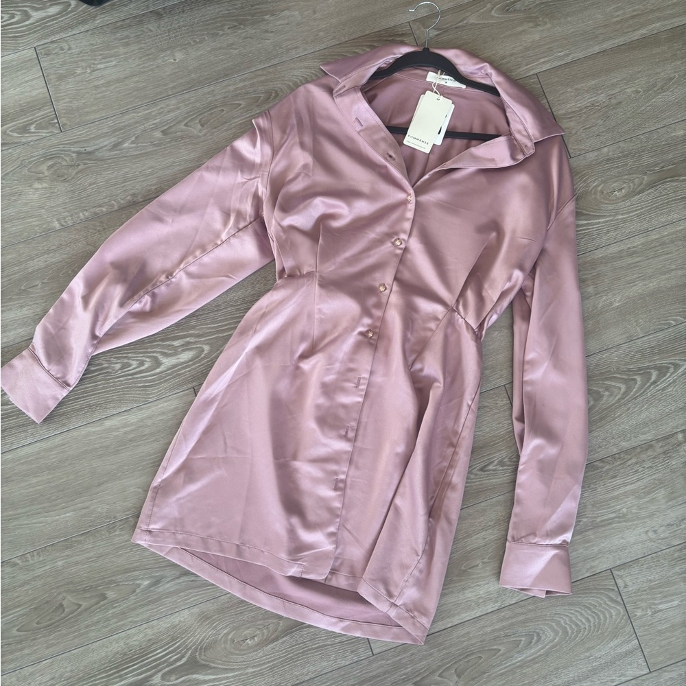 Commense Blush Satin Shirt Dress